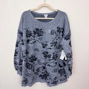 Chico's Womens Pullover Sweater Size XXL Blouson Sleeve Floral Knit Classic Navy